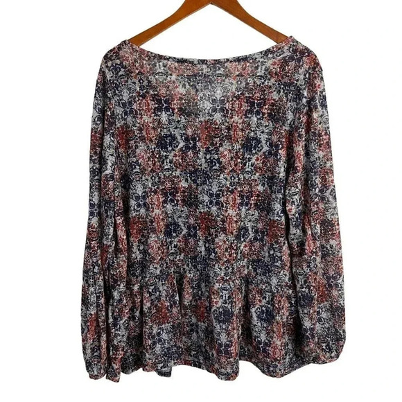 Kate & Sam Floral Blouse 2X Semi Sheer Tassles Navy Blue Red White Peplum Top - Picture 2 of 9